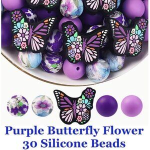 Purple Butterfly Flower Silicone Beads  30 Beads  Larger Hole Perfect for Pens,.